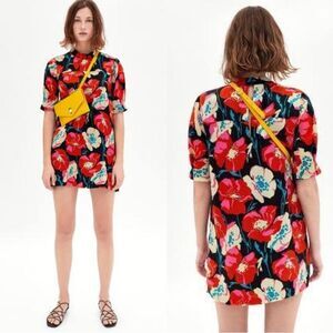 Zara Trafaluc Poppy Floral Print Funnel Neck Women's Mini Dress Red (Size XS)
